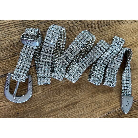 Vintage Rhinestone Western Belt 46” Length Bling Pop New Years Eve Heavy Buckle - Picture 1 of 8